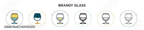Brandy glass icon in filled, thin line, outline and stroke style. Vector illustration of two colored and black brandy glass vector icons designs can be used for mobile, ui, web