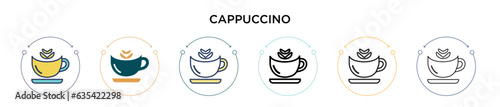 Cappuccino icon in filled, thin line, outline and stroke style. Vector illustration of two colored and black cappuccino vector icons designs can be used for mobile, ui, web