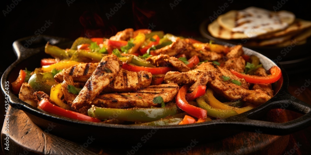 Sizzling chicken fajitas, an explosion of flavors on a sizzling skillet. Colorful peppers, tender chicken, and zesty spices dance in the air. Vibrant setting, capturing the essence 🌮🔥🌶️
