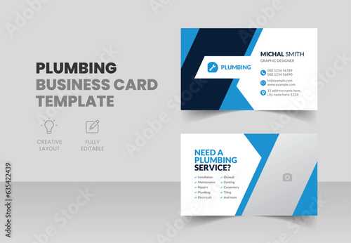 Plumbing service business card template with home repair handyman personal card design layout