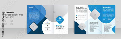 Plumbing service trifold brochure template with handyman, home repair, and plumber brochure design layout