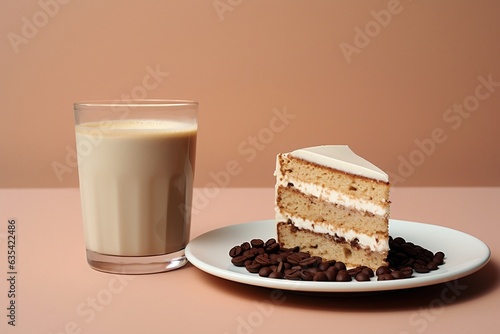 A cup of milk coffee with a piece of cake, Generative Ai