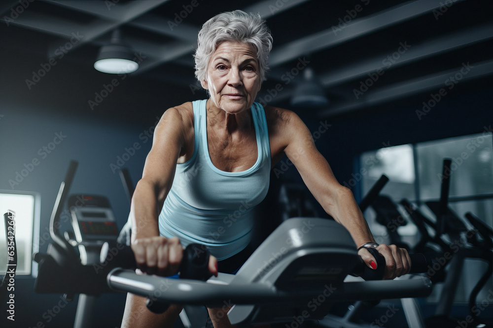 Beautiful elderly woman doing sports in the gym. Elderly woman on an exercise bike in the gym. generative ai
Beautiful elderly woman doing sports in the gym. Elderly woman on an exercise bike in the gym. generative ai