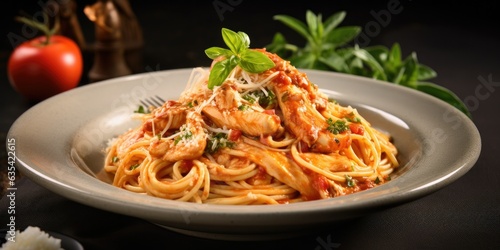 Irresistible chicken spaghetti  a comforting blend of tender pasta and savory shredded chicken. Creamy tomato sauce wraps them in a warm embrace. Soft lighting  evoking the coziness         