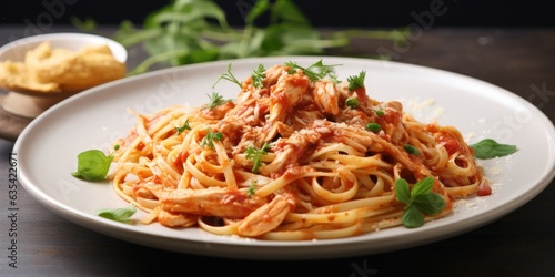 Irresistible chicken spaghetti  a comforting blend of tender pasta and savory shredded chicken. Creamy tomato sauce wraps them in a warm embrace. Soft lighting  evoking the coziness         