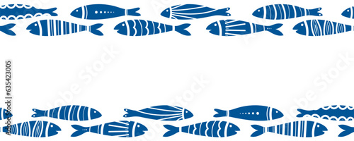 Blue fish swimming vector seamless border. Shoal of fishes isolated on white. Tiling fish pattern. Hand drawn marine illustrations of fish and sea elements. Summer sea beach style