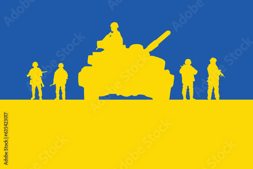 Image of the Ukrainian flag - Blue and yellow. Together with the silhouettes of the Ukrainian military. Day of the Ukrainian flag. Ukrainian Military Man Silhouette Vector Illustration