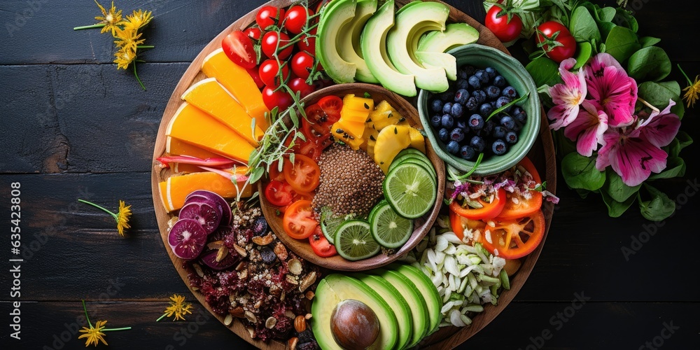 Embrace healthy living, a vibrant plate filled with colorful fruits, crisp veggies, and wholesome grains. Fresh ingredients, a celebration of wellness and nourishment. 🥗🌱💪