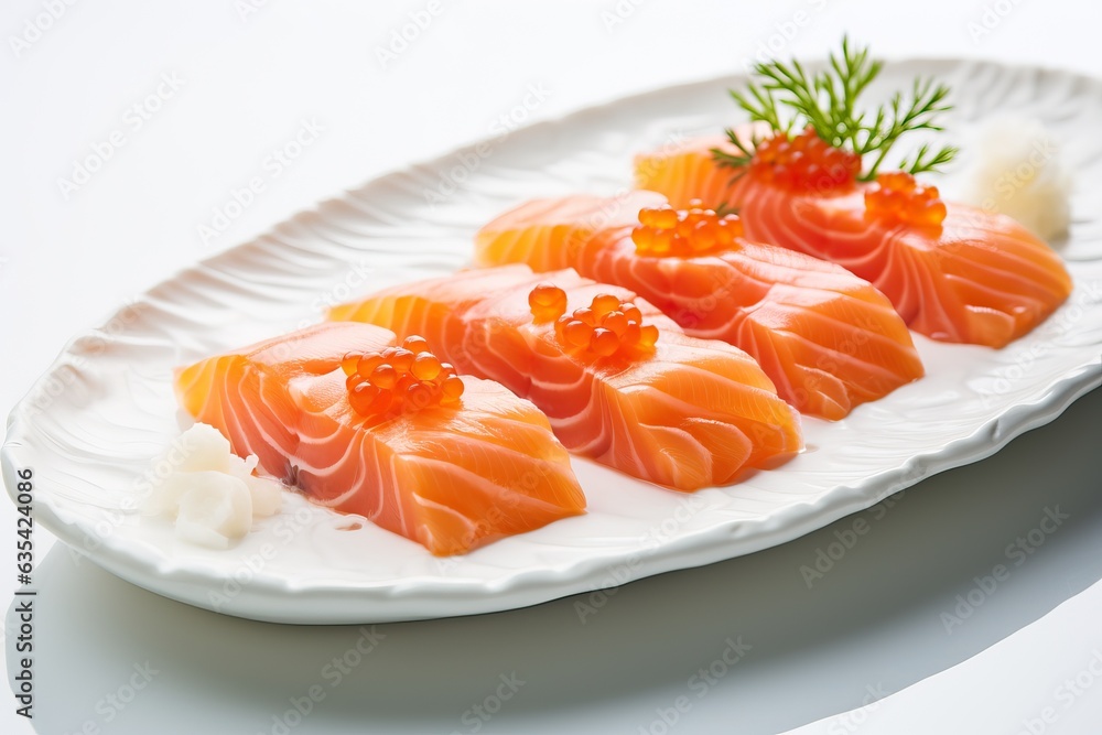 Salmon sashimi on a white ceramic plate in a restaurant Salmon sashimi on a white ceramic plate in a restaurant