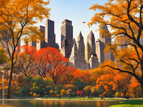 central park in autumn season with beautiful fall foliage. Drawing Autumn in New York City. New york skyscrapers view from central park. generative AI