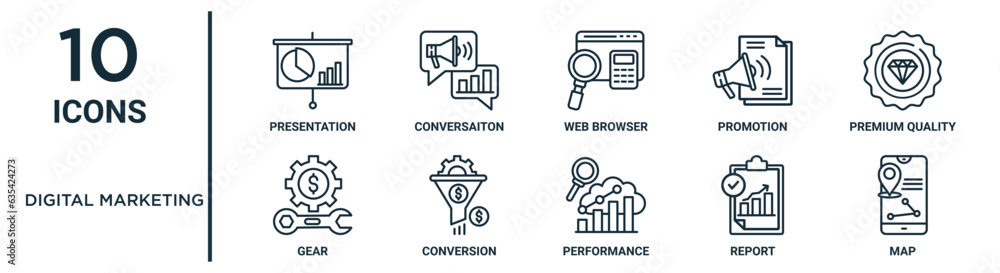 Vetor de digital marketing outline icon set such as thin line ...