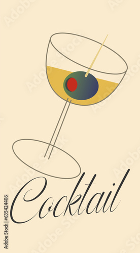 Cocktail promotional poster. Vector illustration of a cocktail glass and an olive on a skewer. Template for creativity.