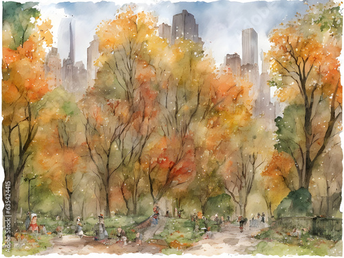 watercolor illustration of central park in autumn season with beautiful fall foliage. Drawing autumn in New York. generative AI
