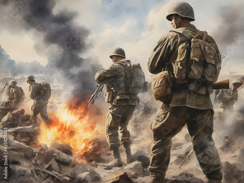 soldiers on the battlefield, an explosion on the background. Horrors of war. History. Watercolor illustration. generative AI