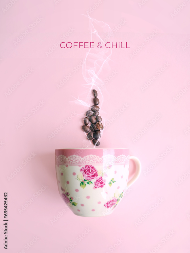 Creative layout made of pink floral coffee cup and smoke made of coffee beans with COFFEE and CHILL message against pastel pink background. Flat lay, copy space. Morning routine. Girly essentials. 