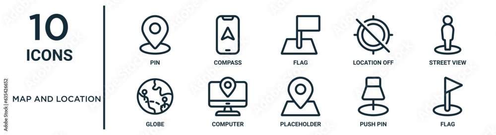 map and location outline icon set such as thin line pin, flag, street ...