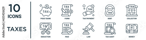 Photo taxes outline icon set such as thin line piggy bank, tax payment, collector, pai