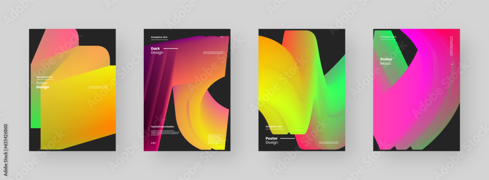 Abstract Posters Design collection. Vertical A4 format. Modern placard kit. Strict and discreet brochure. Colorful 3d form composition