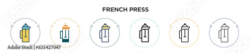 French press icon in filled, thin line, outline and stroke style. Vector illustration of two colored and black french press vector icons designs can be used for mobile, ui, web