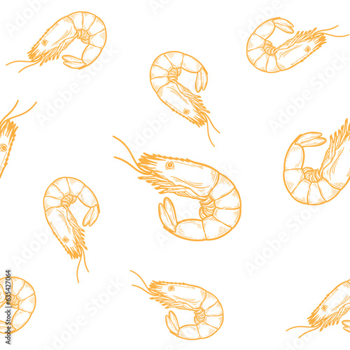 Fresh shrimp pattern on a white background, Food hand drawn, vector illustration.