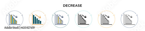 Decrease icon in filled, thin line, outline and stroke style. Vector illustration of two colored and black decrease vector icons designs can be used for mobile, ui, web