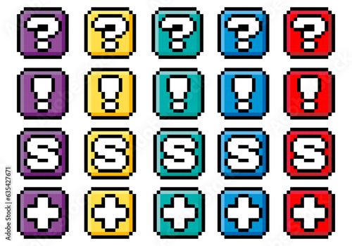 Pixel art 8-bit golden boxes set. Question mark, exclamation mark, letter S and plus sign icons. Vector Illustration. Vector Graphic. EPS 10 photo