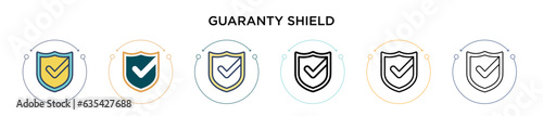 Guaranty shield icon in filled, thin line, outline and stroke style. Vector illustration of two colored and black guaranty shield vector icons designs can be used for mobile, ui, web