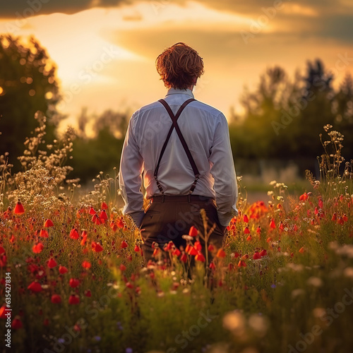 Person outdoors in a nice flower countryside field. Created using generative AI technology. © astrosystem