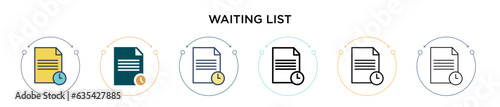 Waiting list icon in filled, thin line, outline and stroke style. Vector illustration of two colored and black waiting list vector icons designs can be used for mobile, ui, web