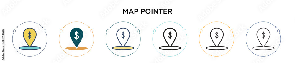 Map pointer icon in filled, thin line, outline and stroke style. Vector illustration of two colored and black map pointer vector icons designs can be used for mobile, ui, web