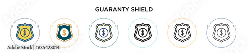 Guaranty shield icon in filled, thin line, outline and stroke style. Vector illustration of two colored and black guaranty shield vector icons designs can be used for mobile, ui, web