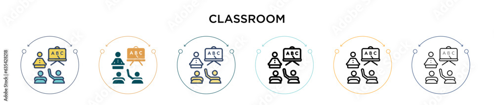 Classroom icon in filled, thin line, outline and stroke style. Vector illustration of two colored and black classroom vector icons designs can be used for mobile, ui, web