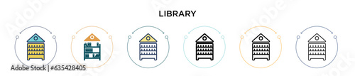 Library icon in filled, thin line, outline and stroke style. Vector illustration of two colored and black library vector icons designs can be used for mobile, ui, web