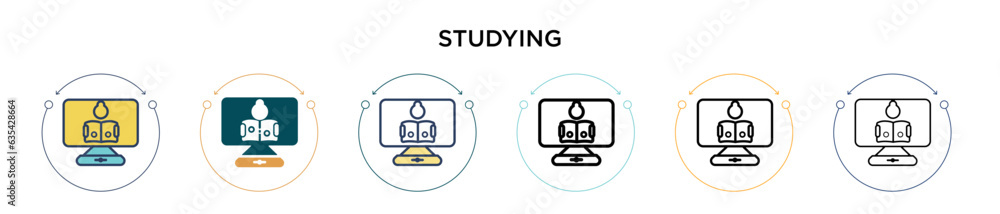 Studying icon in filled, thin line, outline and stroke style. Vector illustration of two colored and black studying vector icons designs can be used for mobile, ui, web