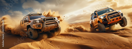 Two 4x4 off-road trucks racing bashing sand dunes in the desert. Generative AI © Denniro