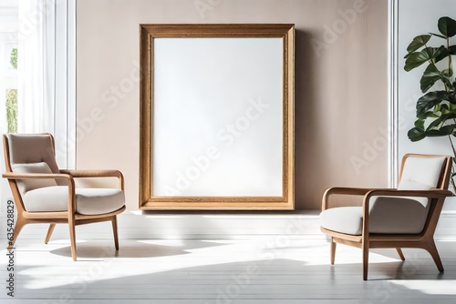 Two armchairs in room with white wall and big frame poster on it