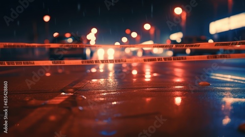 Fotografia Yellow law enforcement tape isolating crime scene with blurred view of city stre