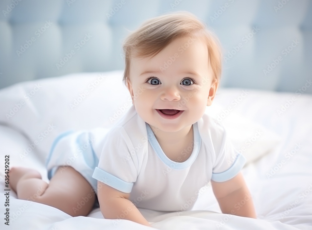 Happy smiling baby lies on the bed created with Generative AI technology. Happy smiling baby lies on the bed created with Generative AI technology.