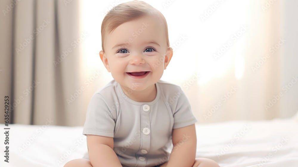 Happy smiling baby lies on the bed created with Generative AI technology. Happy smiling baby lies on the bed created with Generative AI technology.