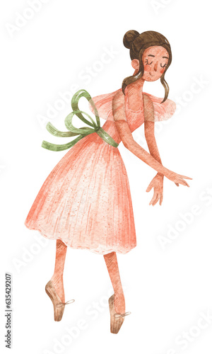 Ballerina girl in pink dress. Watercolor illustration of cartoon ballet dancer.