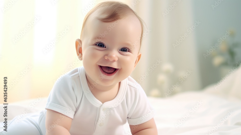 Happy smiling baby lies on the bed created with Generative AI technology. Happy smiling baby lies on the bed created with Generative AI technology.