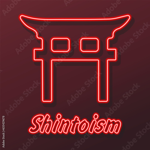 Shinto neon sign, modern glowing banner design, colorful modern design trends on black background. Vector illustration.