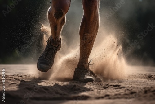 Athlete's legs running, lifting the sand from the track. AI generative