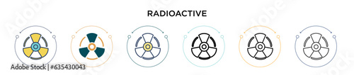 Radioactive icon in filled, thin line, outline and stroke style. Vector illustration of two colored and black radioactive vector icons designs can be used for mobile, ui, web