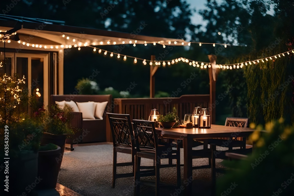 A summer evening on the patio of a beautiful suburban house with lights in the garden A summer evening on the patio of a beautiful suburban house with lights in the garden