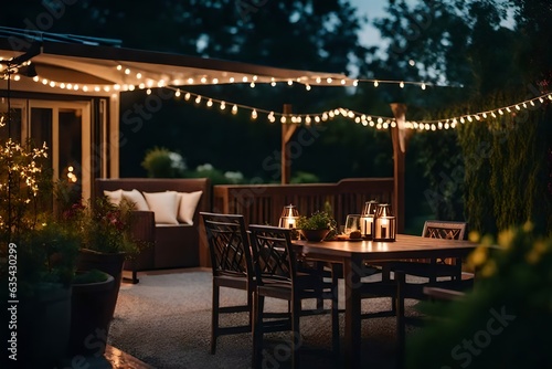 A summer evening on the patio of a beautiful suburban house with lights in the garden