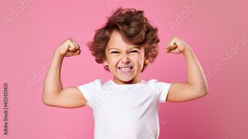Wallpaper Mural Frontal portrait of a little courageous boy in holding fists up and showing biceps created with Generative AI technology. Torontodigital.ca