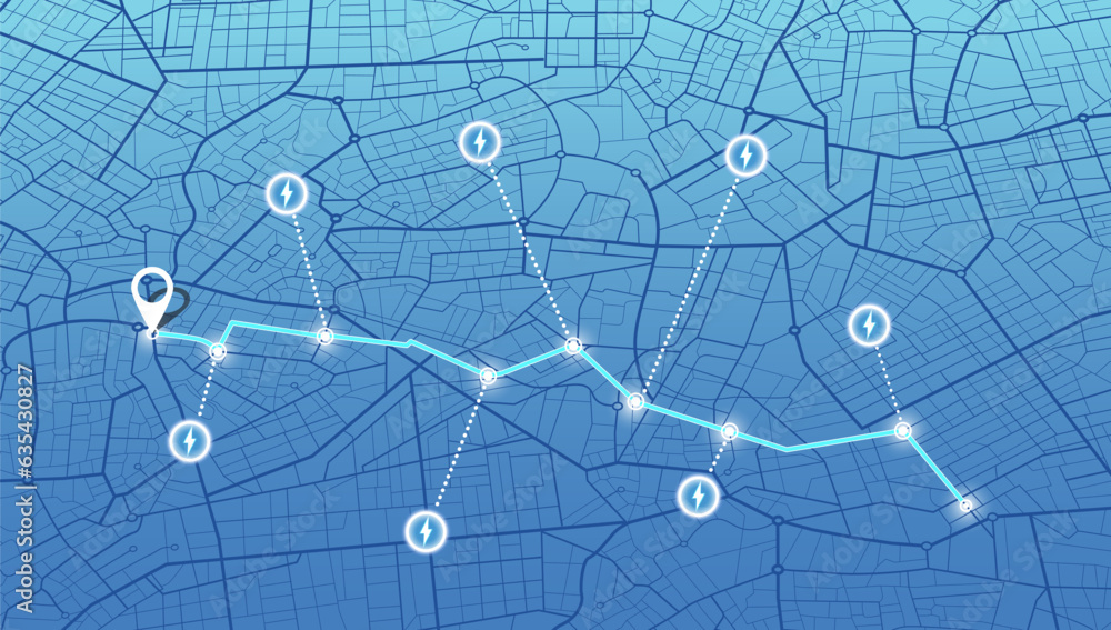 Determining location on the plan of abstract city. Location tracks dashboard. Path turn, destination tag or mark. Huge city top view. Tracking path and route planning. Background Vector illustration