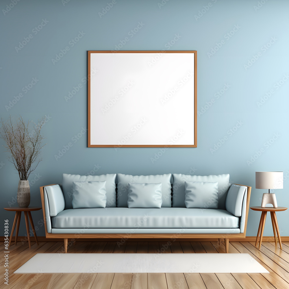 Mock up poster frame with sofa in interior living room and blue wall Mock up poster frame with sofa in interior living room and blue wall