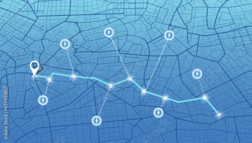 Determining location on the plan of abstract city. Location tracks dashboard. Path turn, destination tag or mark. Huge city top view. Tracking path and route planning. Background Vector illustration